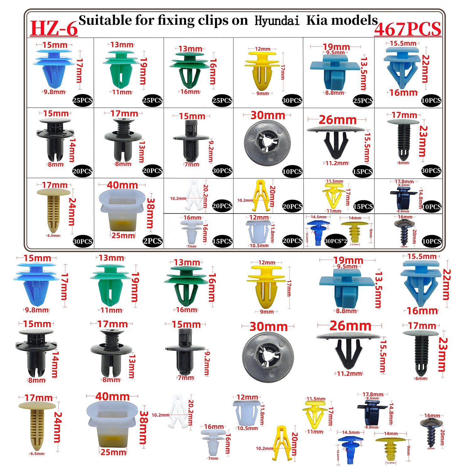 467pcs Body Interior and Exterior Retainer Bumper Rivet Retainer Push Pin Fastener Clips Assortment for Hyundai & Kia