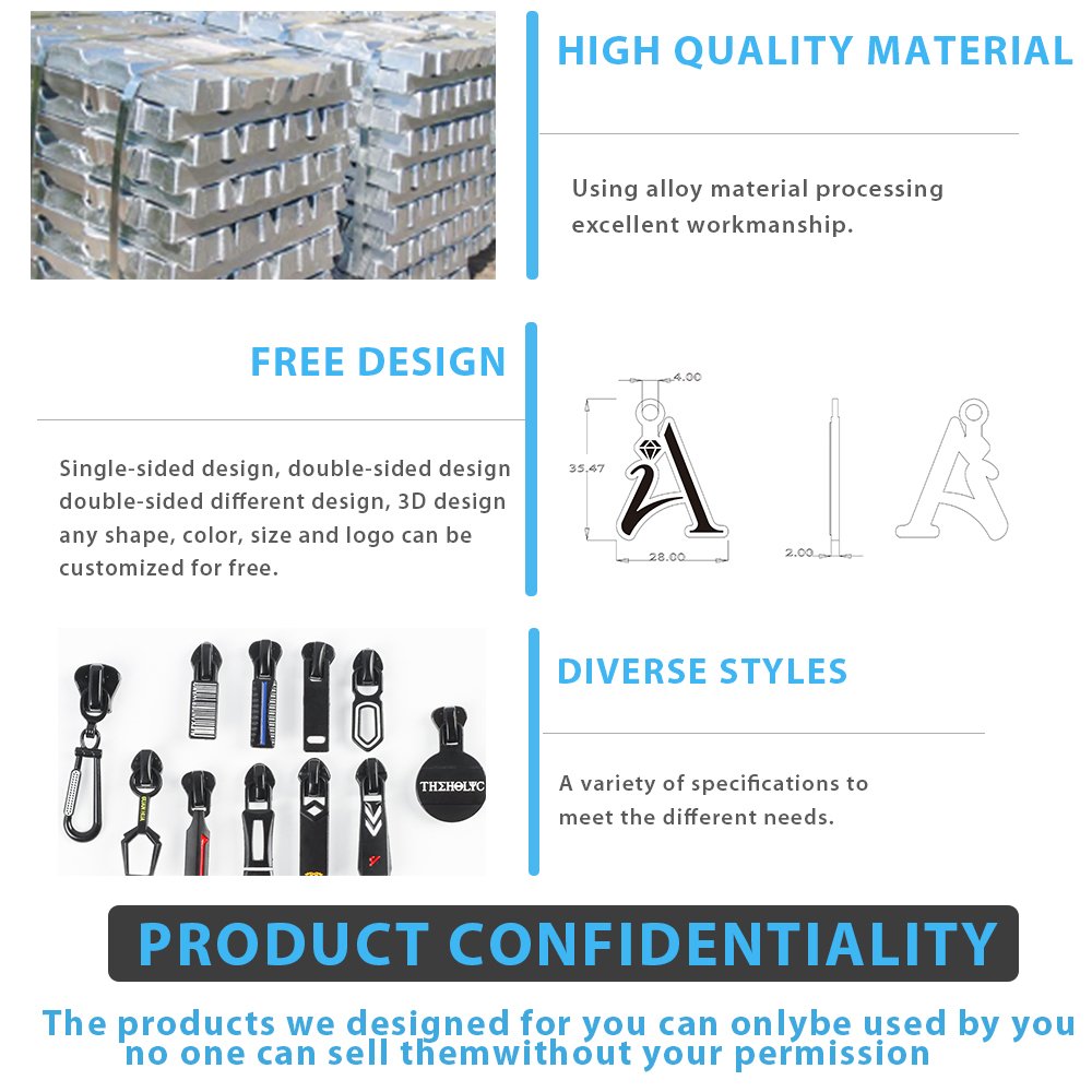 Wholesale Custom Logo 3# 5# 7# Plating Embossed Custom Zipper Puller Nylon Metal Plastic Zipper Sliders Luxury for Garment