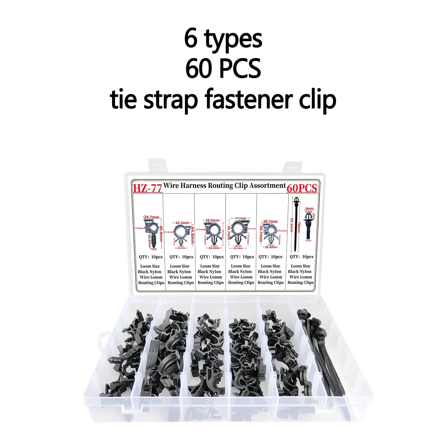 60PCS 6Kinds Car Fastener Wire Cable Loom Routing Clip tie strap fastening clip set