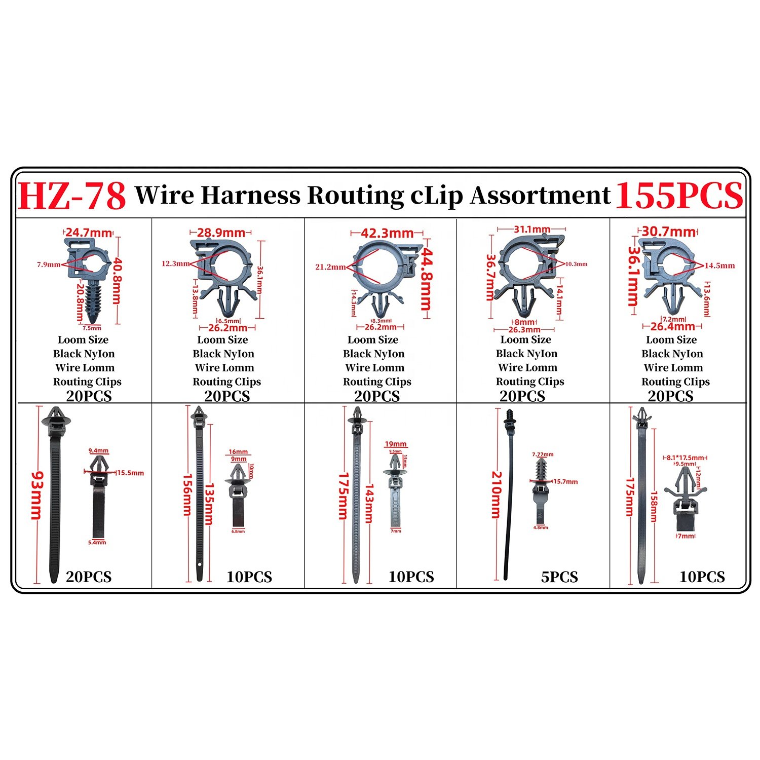 60PCS 6Kinds Car Fastener Wire Cable Loom Routing Clip tie strap fastening clip set