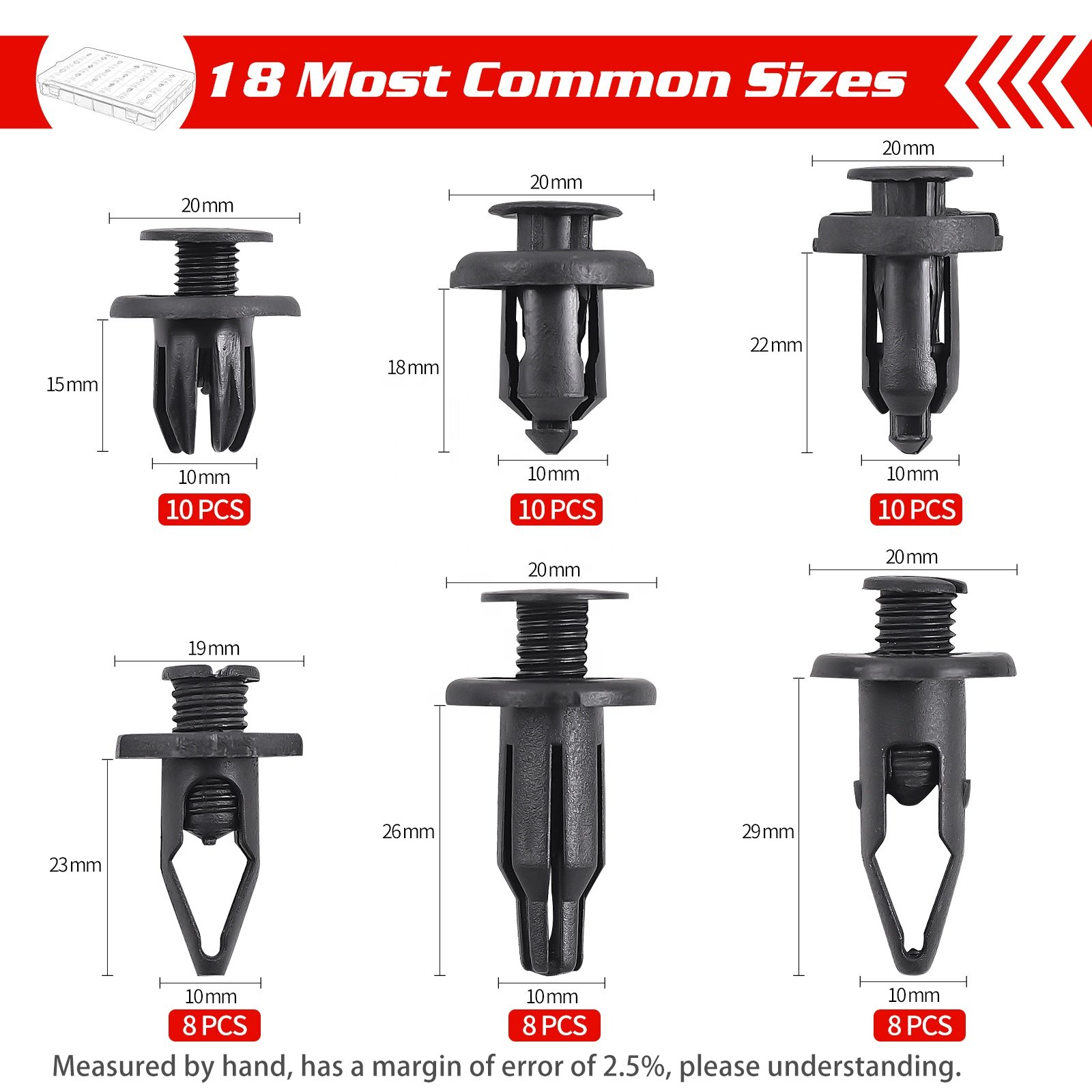 QGZ131 191PCS Automotive Retainer Clips with Fastener Remover 18 Most Popular Sizes Nylon Car Clips Fasteners for Toyota Honda