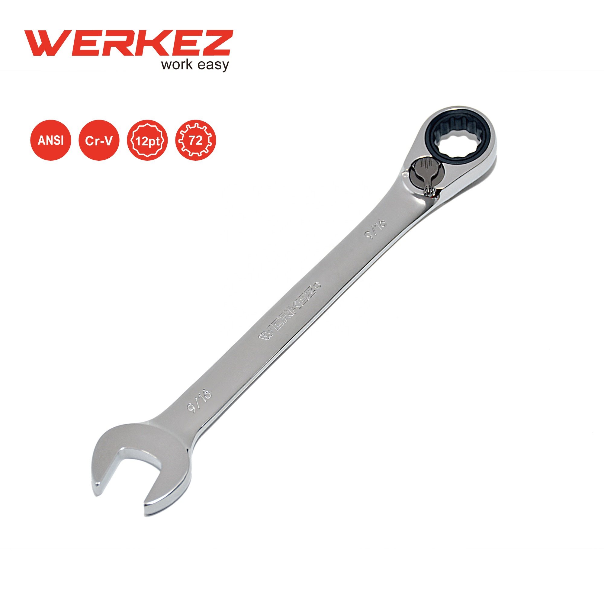 Taiwan Brand Werkez 72-Tooth Cr-V Steel Ratchet Wrench 9/16\" Reversible Ratcheting Combination Wrench Chrome Industrial GS