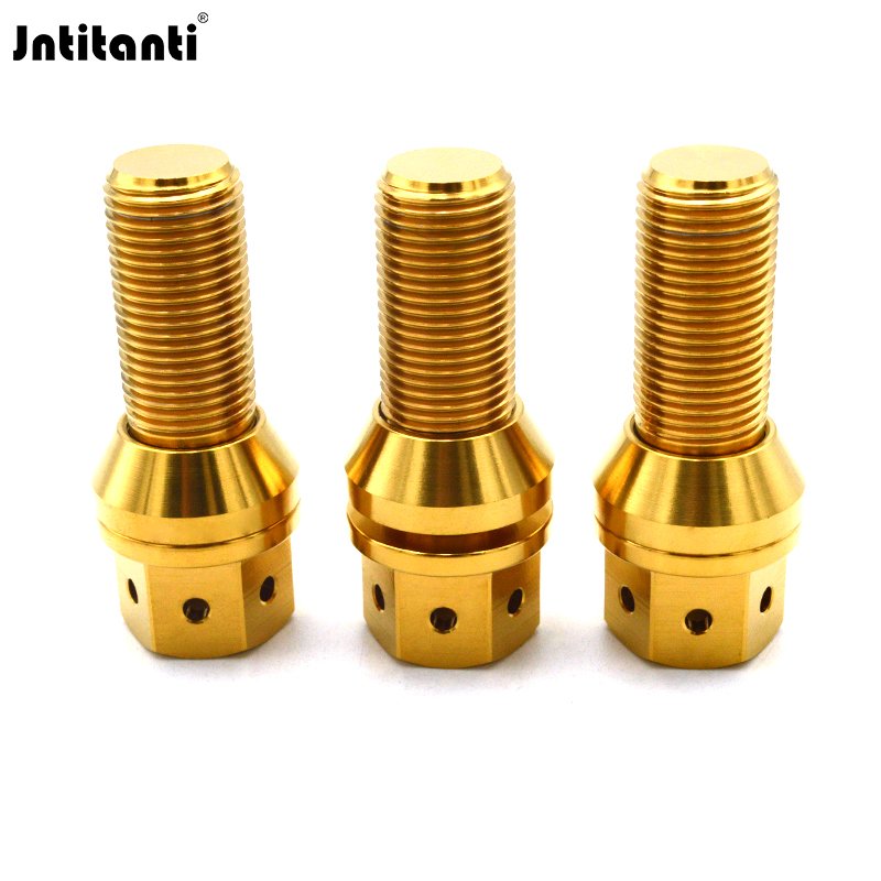 HRmin Gold Color 17mm Drilled Hex Floating Cone Seat Gr.5 Titanium Ti-6Al-4V Automobile Vehicle Car Wheel Bolts M14x1.25x28mm