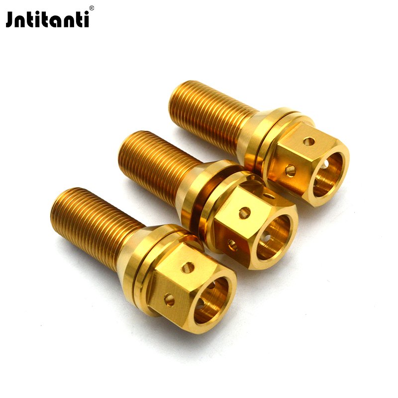 HRmin Gold Color 17mm Drilled Hex Floating Cone Seat Gr.5 Titanium Ti-6Al-4V Automobile Vehicle Car Wheel Bolts M14x1.25x28mm