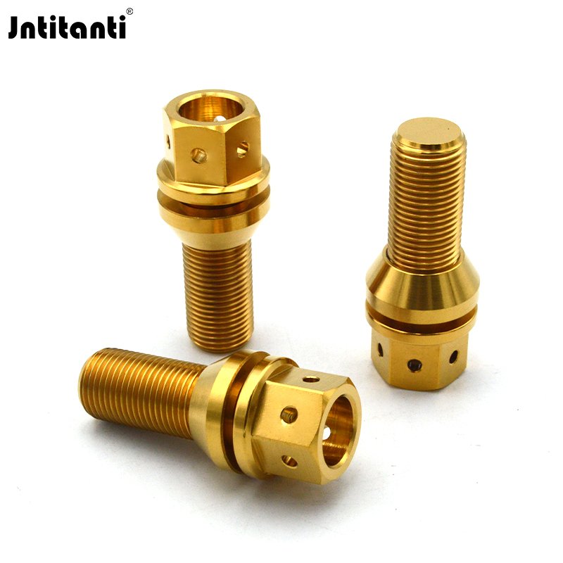 HRmin Gold Color 17mm Drilled Hex Floating Cone Seat Gr.5 Titanium Ti-6Al-4V Automobile Vehicle Car Wheel Bolts M14x1.25x28mm