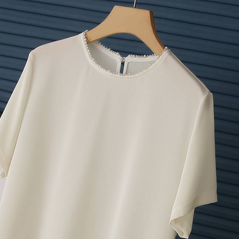 Available S!22 Mimi heavy silk fabric!Elasticity!Nailing Bargaining Short -sleeved White Shirt T -shirt Female