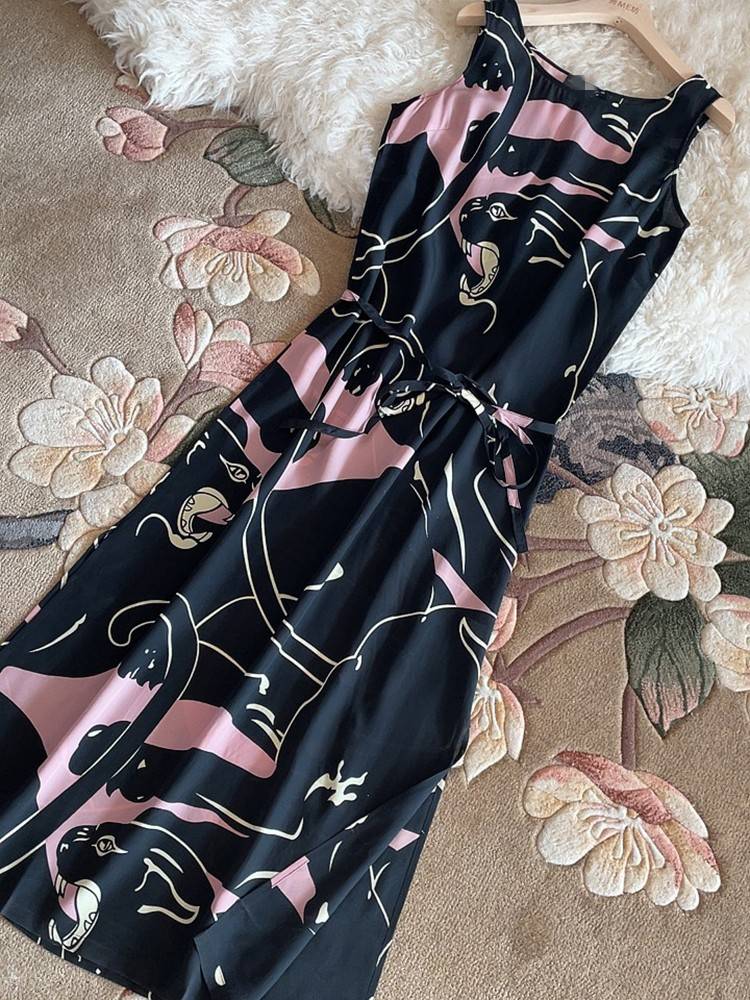 Shuanglian Lian Dress Printing Real Silk Dress Female Slim Slim and Aklore Collar Silk Sleeveless Sleeve Skirt