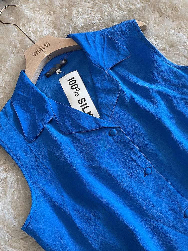 2024 Summer double%100%mulberry silk shirt female pure color silk shirt sleeveless temperament wild top