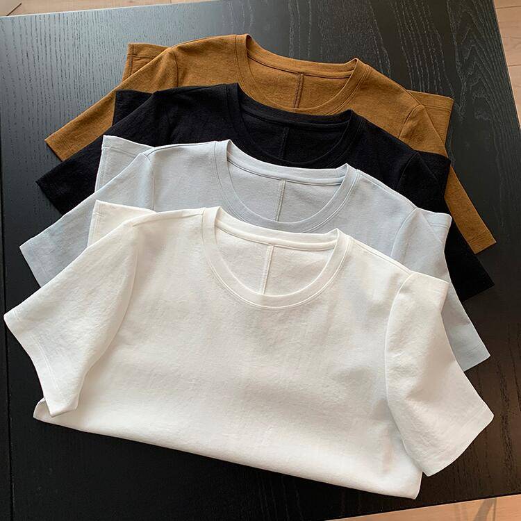 THEWOW High -end beef cargo real silk nasal acetic acid import line stereo tailoring round neck positive shoulder pure color short -sleeved female T -shirt