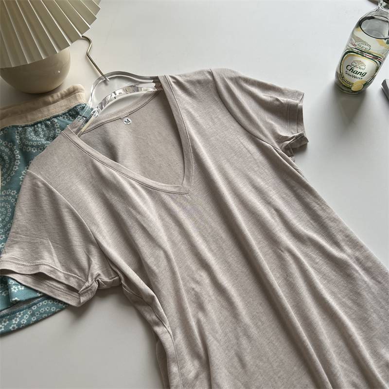 Kitano U family lazy Japanese women's cool thin skin, skin -friendly cotton short -sleeved V -neck small shirt