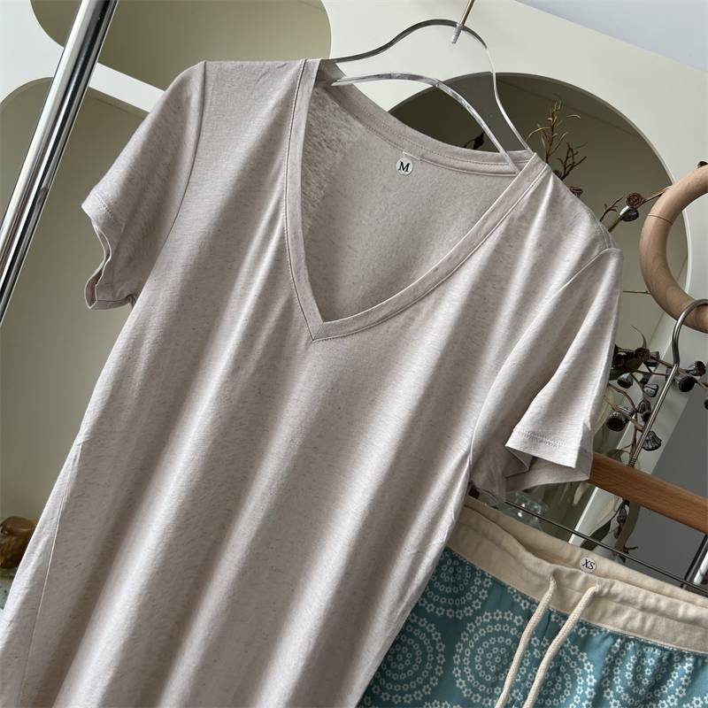 Kitano U family lazy Japanese women's cool thin skin, skin -friendly cotton short -sleeved V -neck small shirt