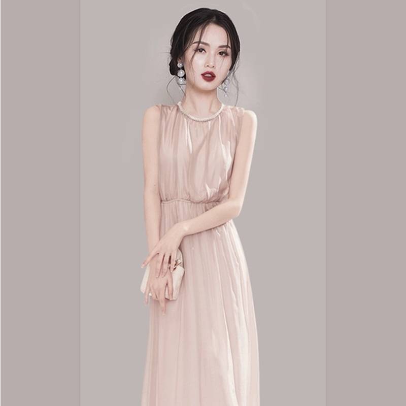 Original single Italian cut label tail goods women's small incense breeze exquisite pearl chain sleeve chiffon waist dress