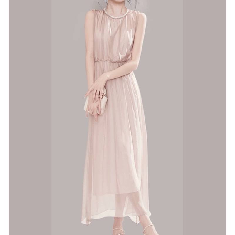 Original single Italian cut label tail goods women's small incense breeze exquisite pearl chain sleeve chiffon waist dress