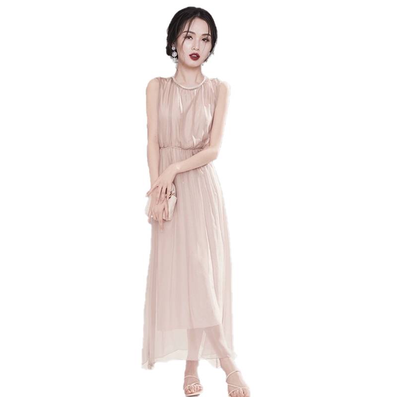 Original single Italian cut label tail goods women's small incense breeze exquisite pearl chain sleeve chiffon waist dress