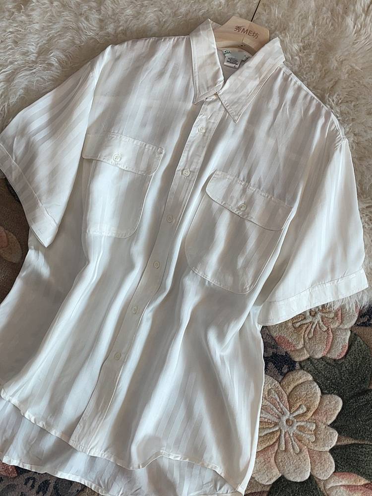 Double Joe satin silk short -sleeved shirt middle -aged large -size summer thin loose top shirt summer clothes white shirt man