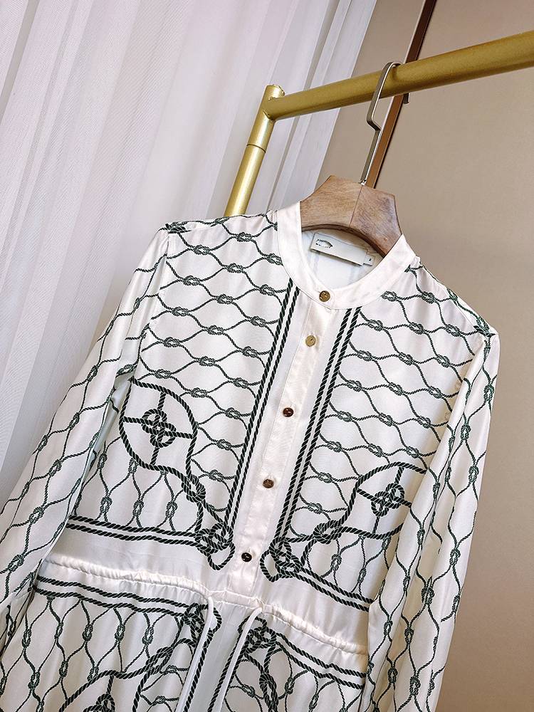 TB light luxury cow goods 100%mulberry silk real silk intellectual temperament two -piece set of print printing silk shirt dress