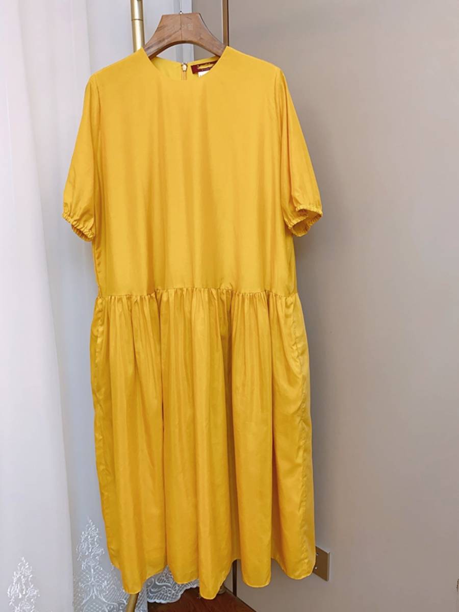 Heart!Italian m Paris Silk True Silk Cotton Short White Ming Yellow Loose Round -neck Short -sleeved Dress