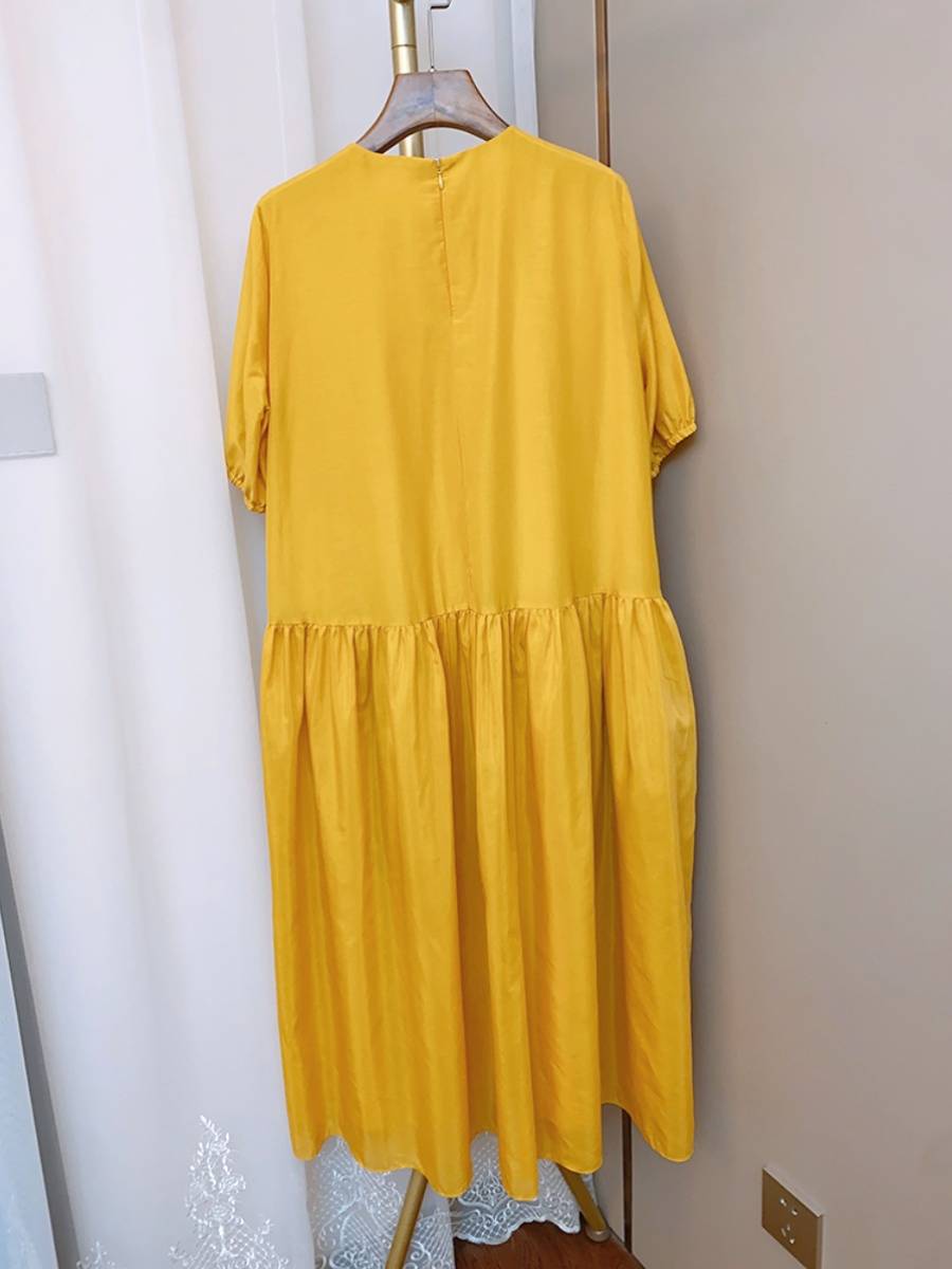 Heart!Italian m Paris Silk True Silk Cotton Short White Ming Yellow Loose Round -neck Short -sleeved Dress