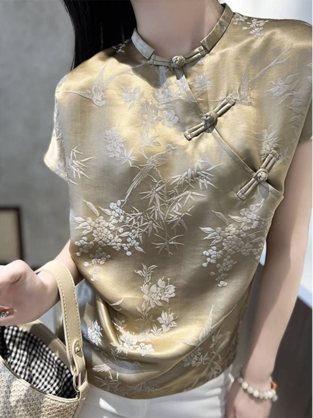 Outlet 2024 new Chinese style national style silk fragrant cloud gauze short -sleeved shirt female summer improved cheongsam top