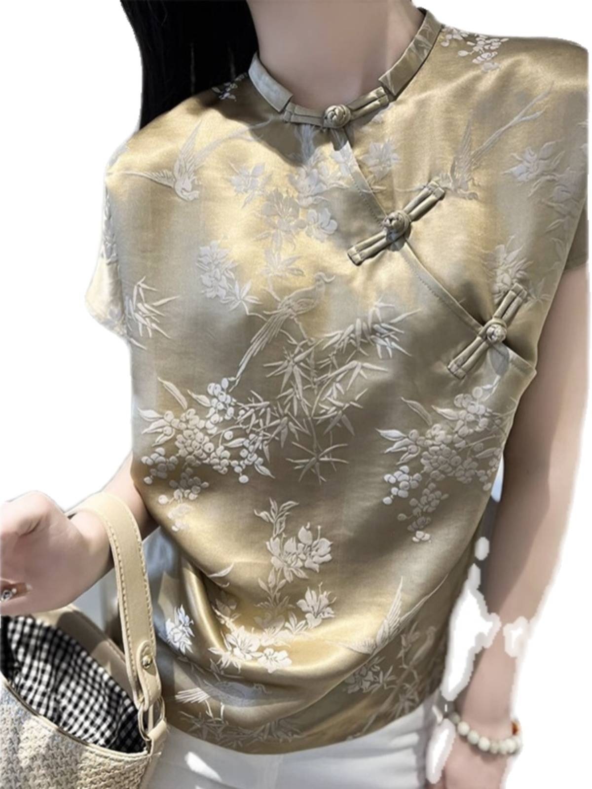 Outlet 2024 new Chinese style national style silk fragrant cloud gauze short -sleeved shirt female summer improved cheongsam top