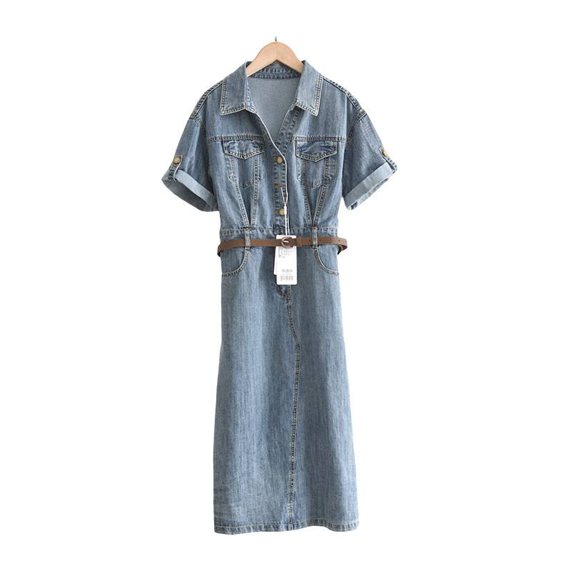 Yisai の waistband!2024 Summer new retro port atmosphere waist waist is thin, long long denim dress