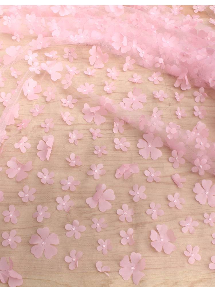 Korean single pink stereo embroidery petal petal mesh, clothing clothing small dress, dress, children's clothing fabric