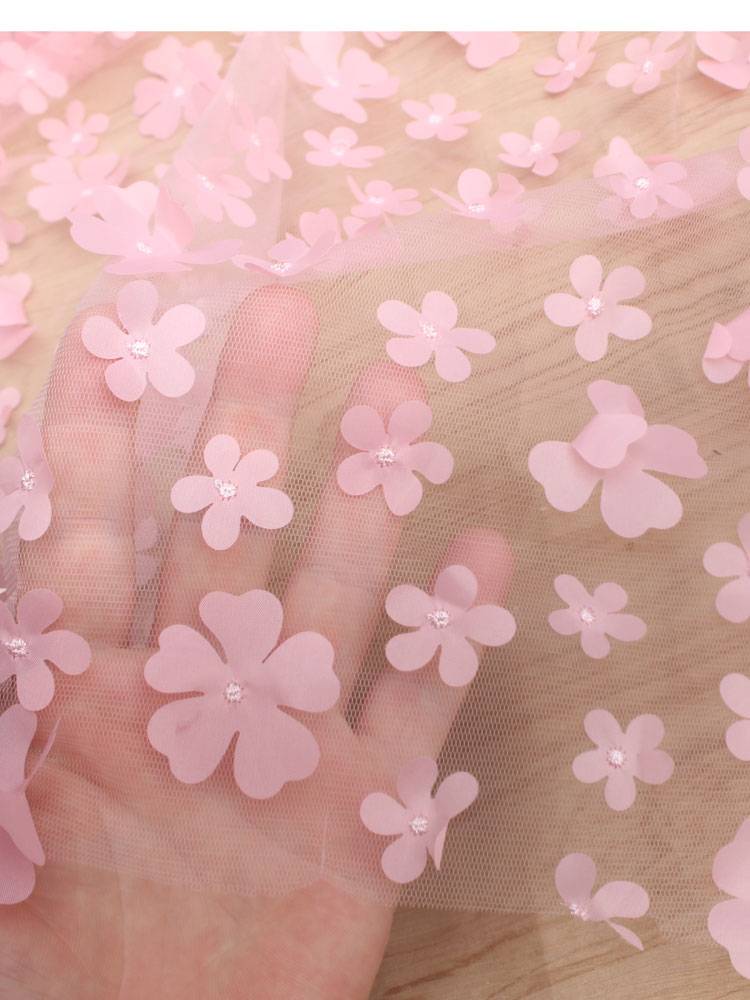 Korean single pink stereo embroidery petal petal mesh, clothing clothing small dress, dress, children's clothing fabric