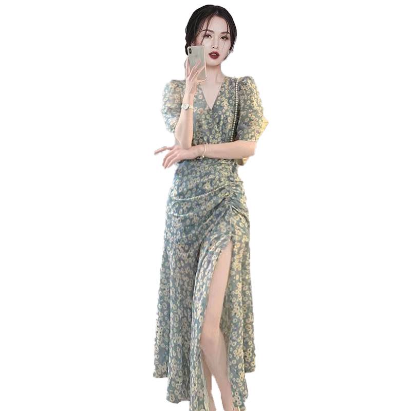 Cutting the label counter high -end big -name export summer women's small incense sprout split chiffon floral dress