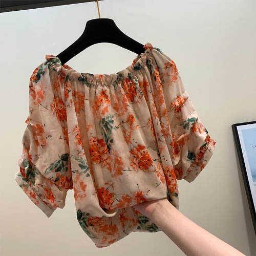 Brand discount Women's clothing cutting counter Covering the cabinet in summer, shoulder -shaped flowing flower, short -sleeved chiffon shirt top