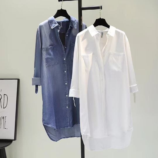 Japanese original single -name counter picking long models cover ass white shirt women's spring season denim shirt long skirt