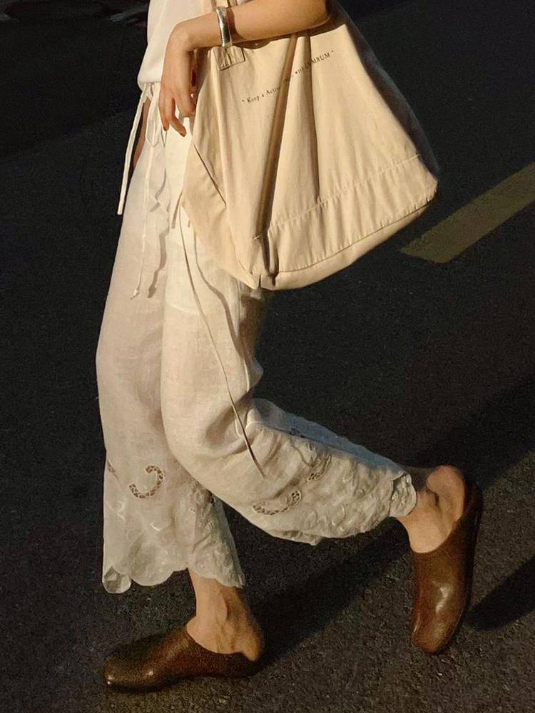 Clear warehouse leak ~ counter withdrawal of women's small thin men's thin vertical high waist loose white lace wide -leg pants female