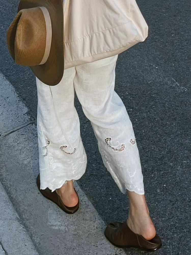 Clear warehouse leak ~ counter withdrawal of women's small thin men's thin vertical high waist loose white lace wide -leg pants female