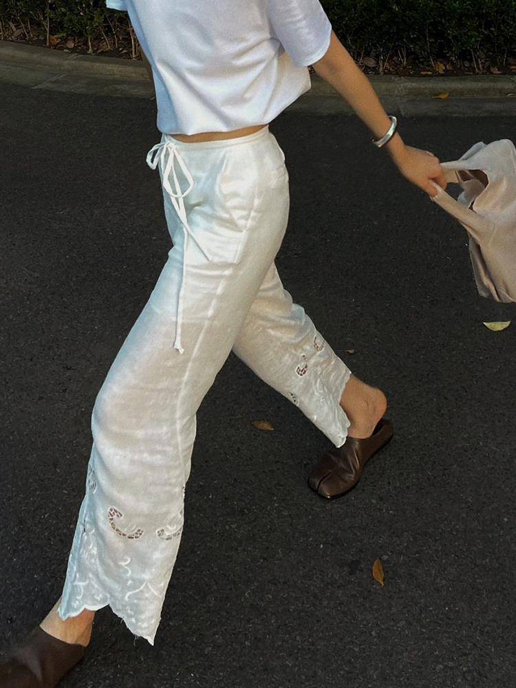 Clear warehouse leak ~ counter withdrawal of women's small thin men's thin vertical high waist loose white lace wide -leg pants female