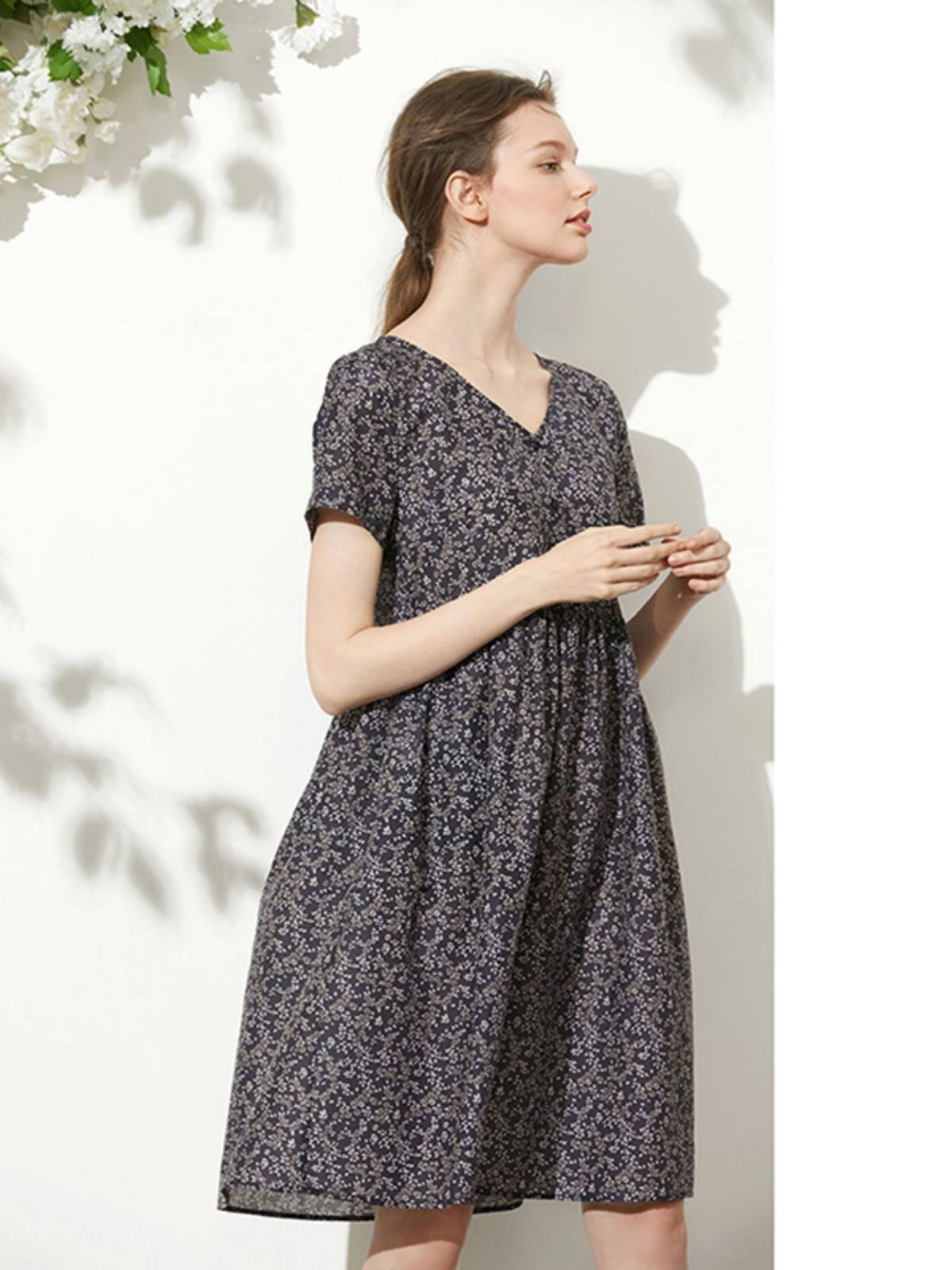 Real silk mulberry silk Modal floral export European and American original single OL retro high waist thin V -neck dress