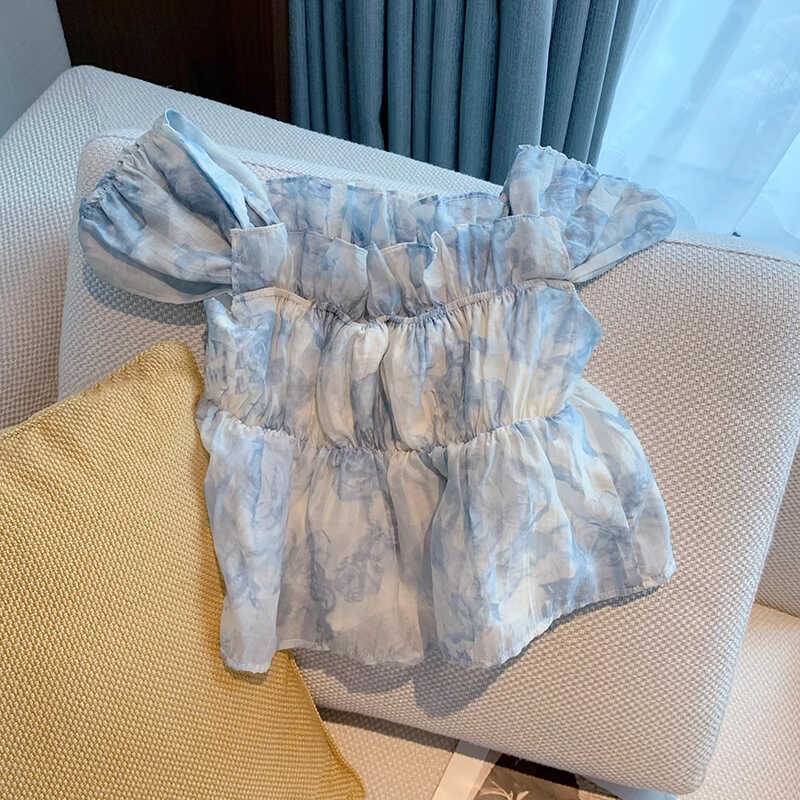 Original single -tail cutting label big -name summer women's small incense square collar floral slingless sleeve chiffon shirt top
