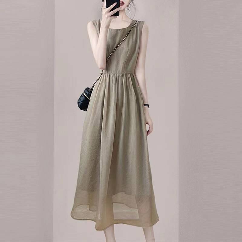 Cut the original single Italian summer women's khaki high -end spring collar waist sleeveless jacket long skirt