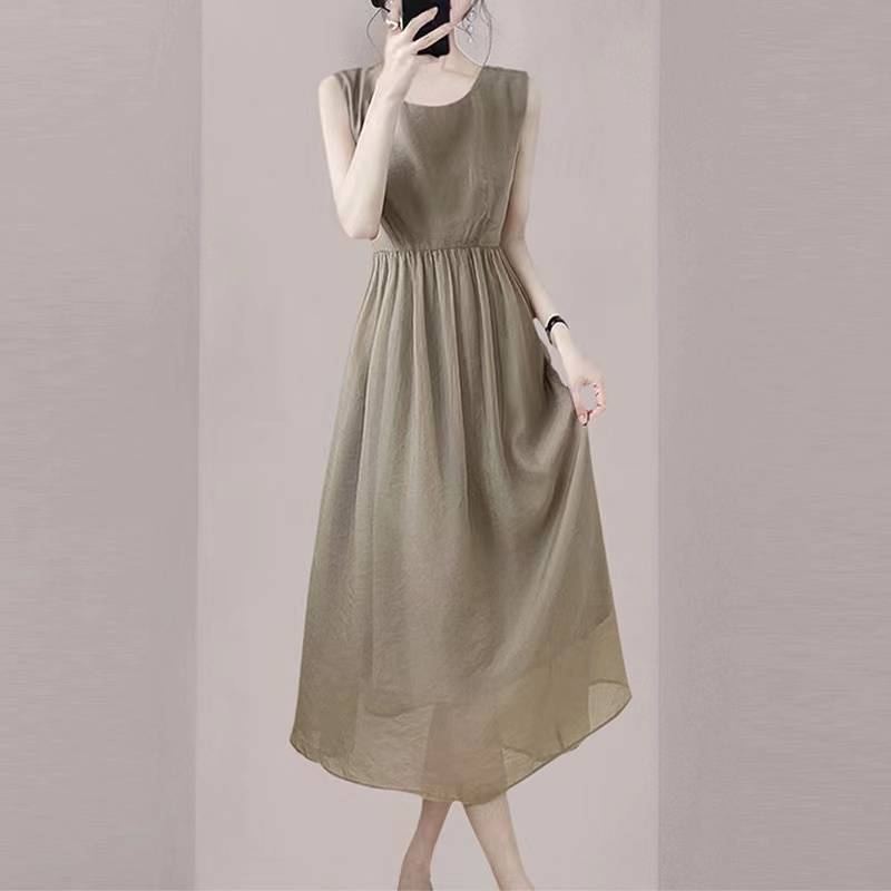 Cut the original single Italian summer women's khaki high -end spring collar waist sleeveless jacket long skirt