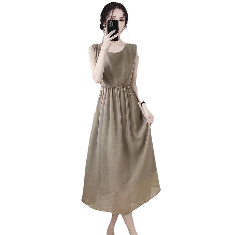 Cut the original single Italian summer women's khaki high -end spring collar waist sleeveless jacket long skirt