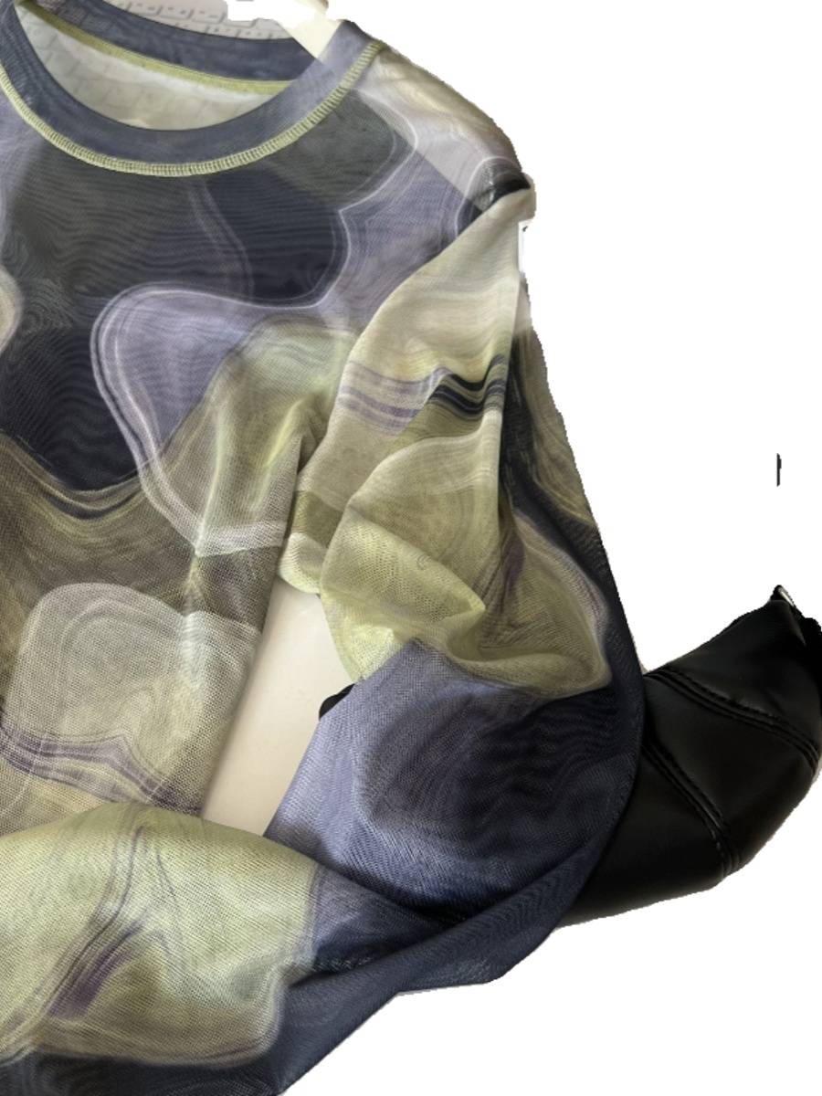 Factory orders ~ Spot spring and summer large -size ink ink faint art round neck long -sleeved mesh high bombs high bombs bottoming T -shirt