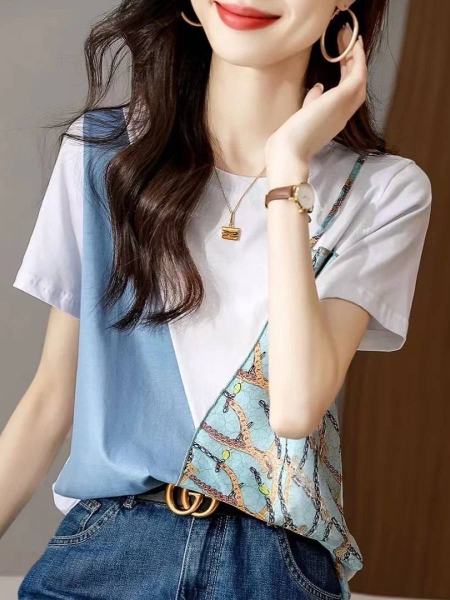 2024 new brothers women's women's summer printed chiffon temperament fake two round neck short -sleeved T -shirt women