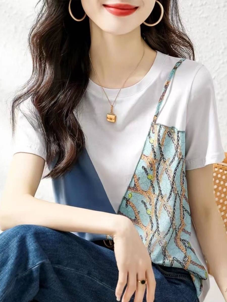 2024 new brothers women's women's summer printed chiffon temperament fake two round neck short -sleeved T -shirt women
