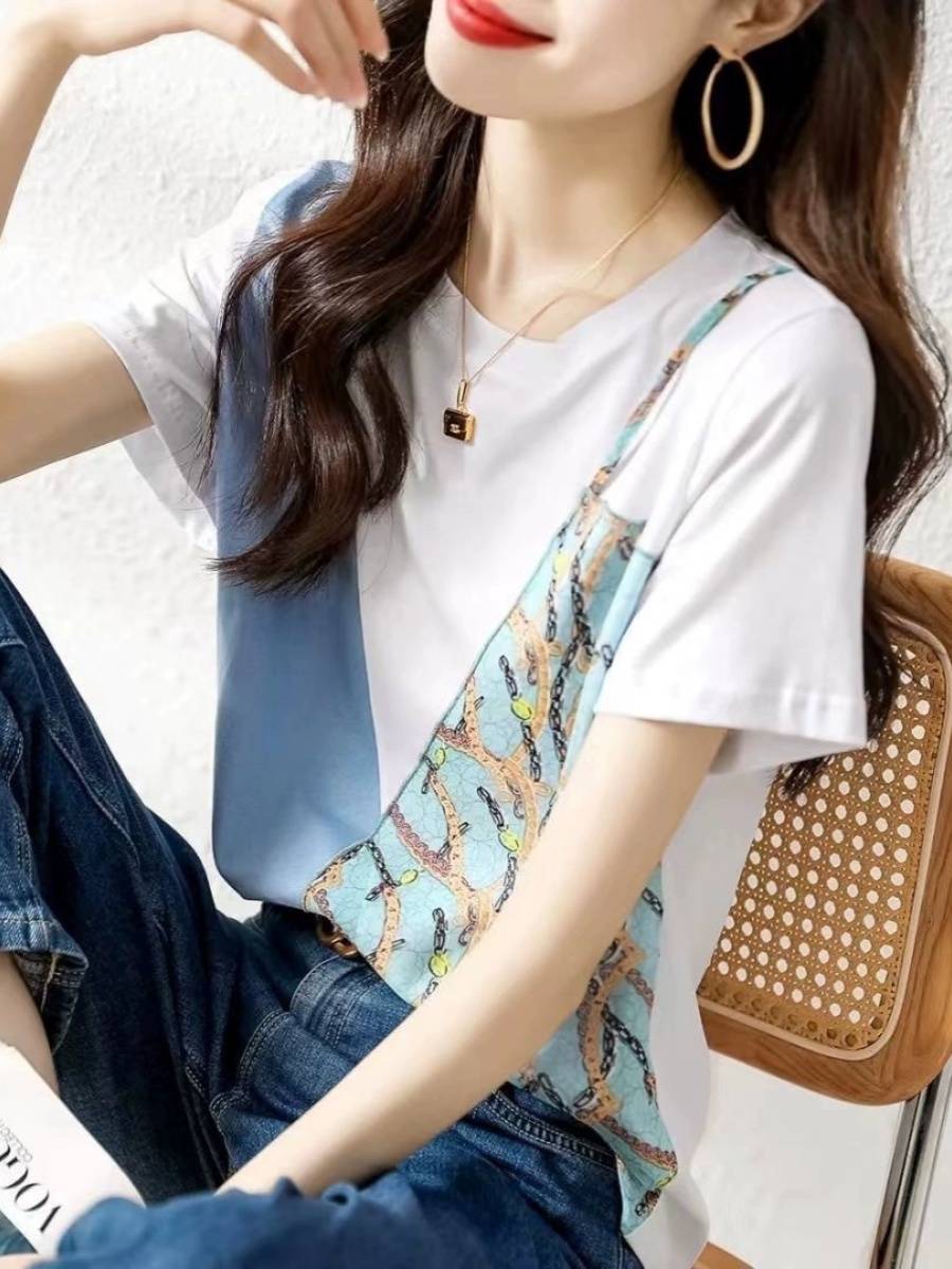 2024 new brothers women's women's summer printed chiffon temperament fake two round neck short -sleeved T -shirt women