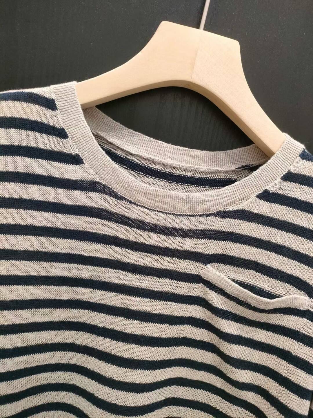 M family! 1K+! 100 linen stripes T!Classic striped cold sensory sweater T -shirt short -sleeved top female 24 female 24