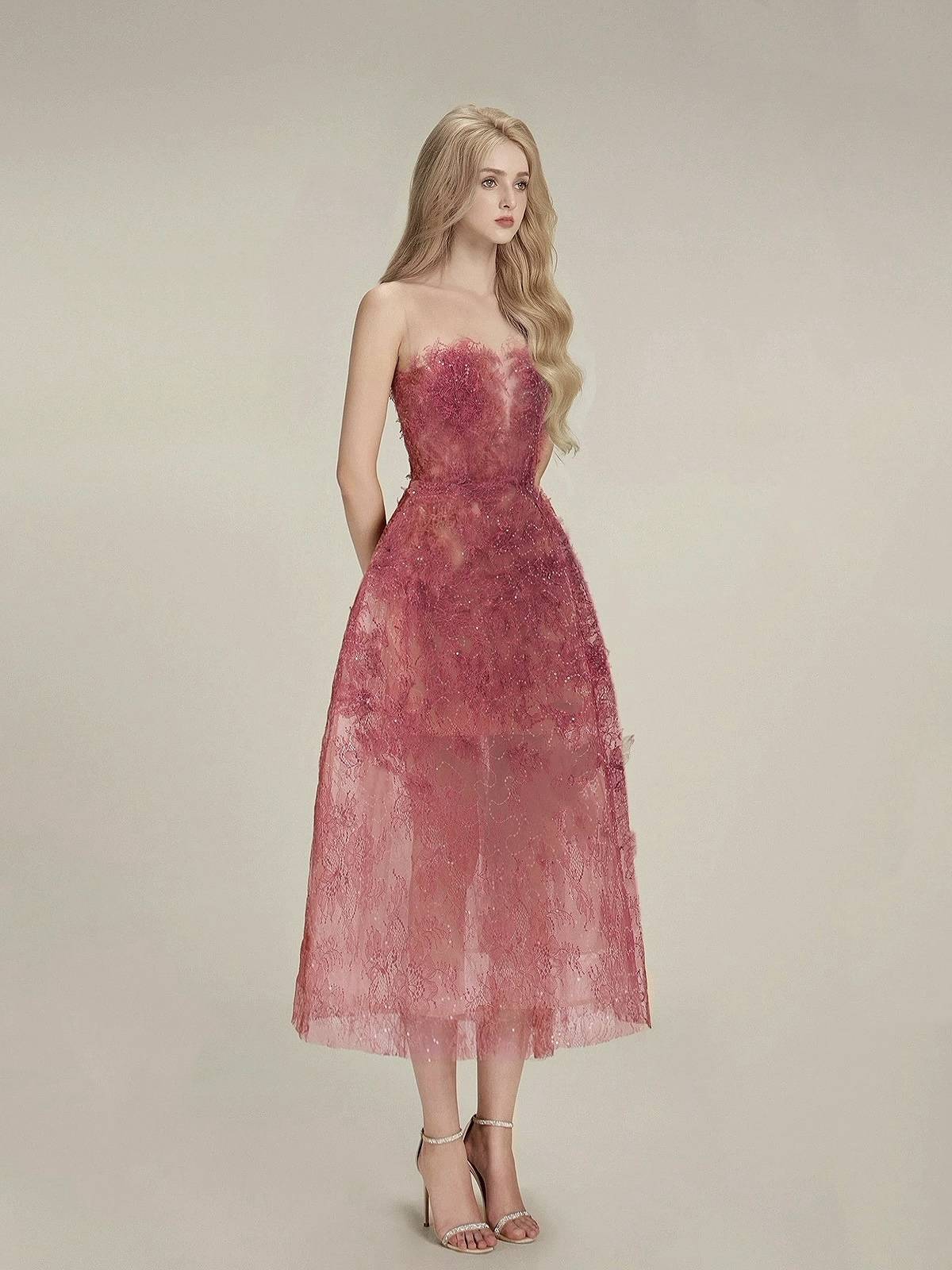 Light luxury niche lace dress Vietnamese designer temperament three -dimensional flower sequins see -through heavy workers tube top long skirt