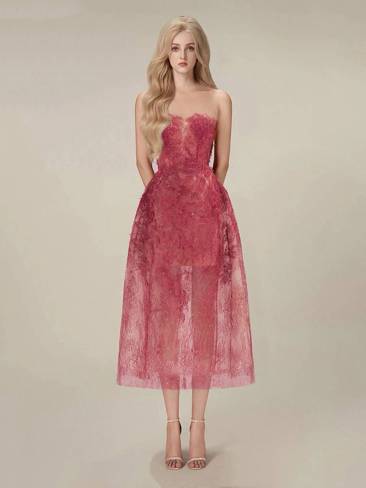 Light luxury niche lace dress Vietnamese designer temperament three -dimensional flower sequins see -through heavy workers tube top long skirt