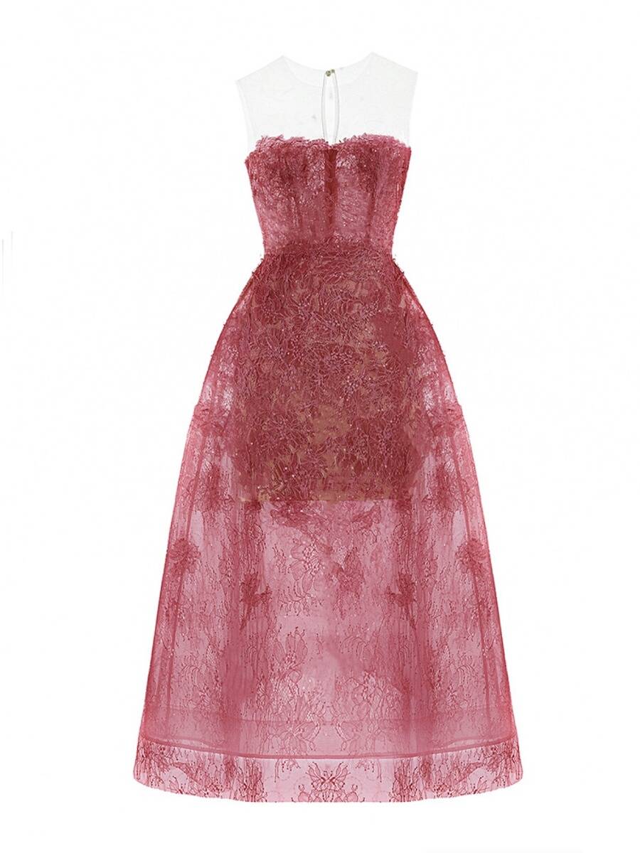 Light luxury niche lace dress Vietnamese designer temperament three -dimensional flower sequins see -through heavy workers tube top long skirt