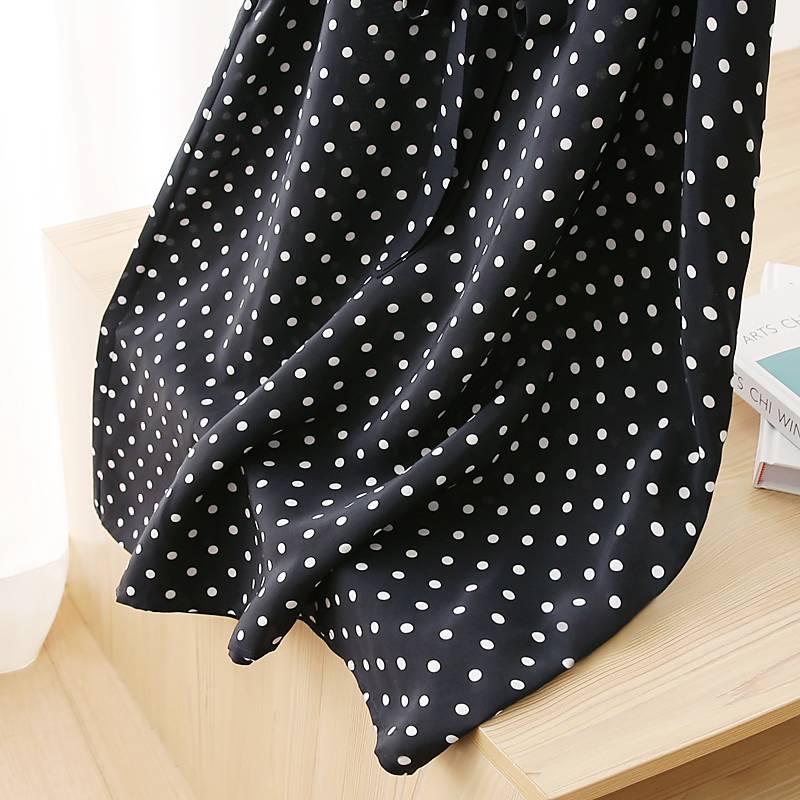 100%mulberry silk!Heavy real silk retro wave dot shirt collar straight tube thin dress mid -length summer summer
