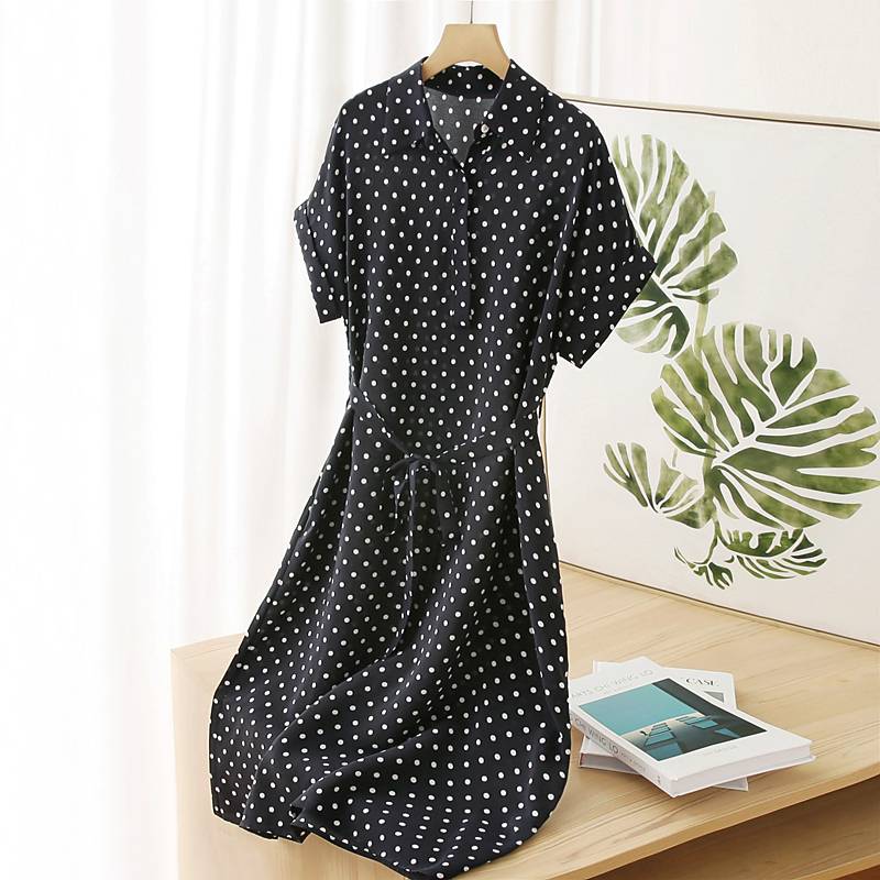 100%mulberry silk!Heavy real silk retro wave dot shirt collar straight tube thin dress mid -length summer summer
