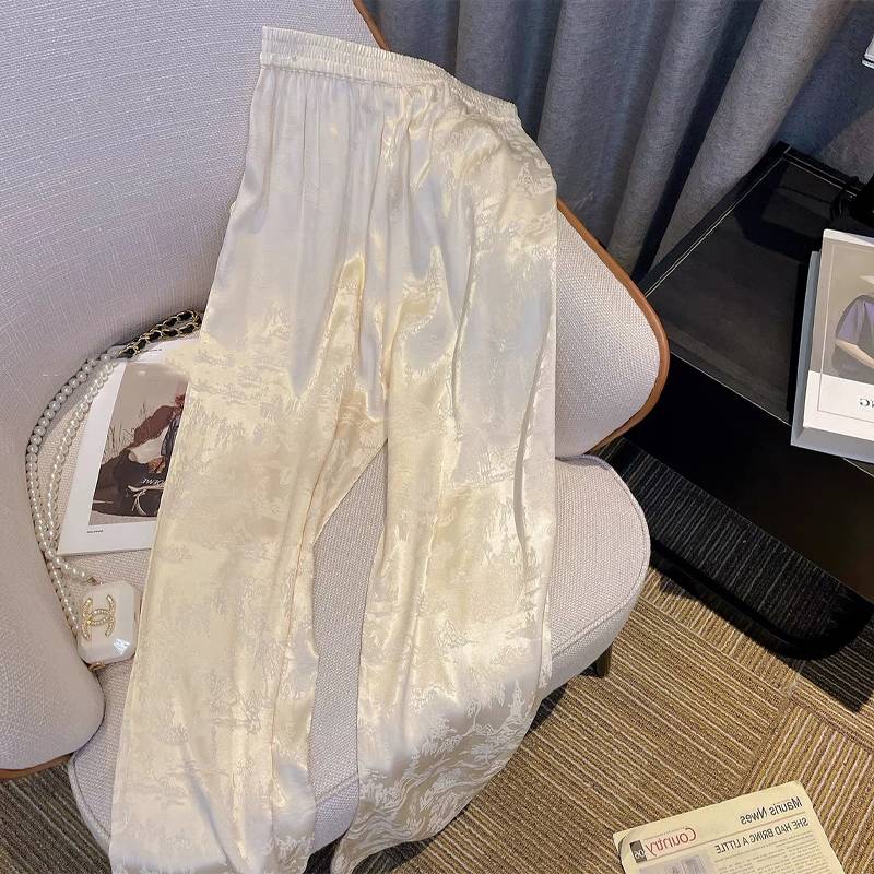 Clear warehouse leakage big -name cutting label spring women's new Chinese national style casual leisure, satin wide -leg trousers