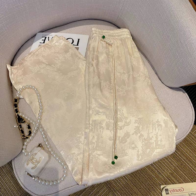 Clear warehouse leakage big -name cutting label spring women's new Chinese national style casual leisure, satin wide -leg trousers